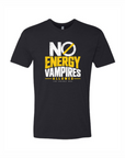 A black short-sleeve t-shirt with a graphic print on the front reading 'NO ENERGY VAMPIRES ALLOWED' in white and yellow text, displayed on a solid white background.