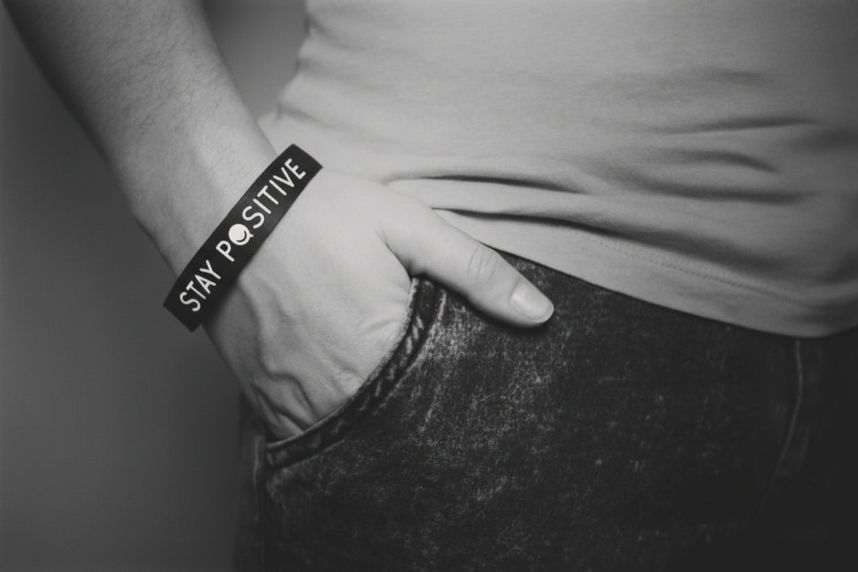 Person wearing a wristband with 'Stay Positive' text on a plain background