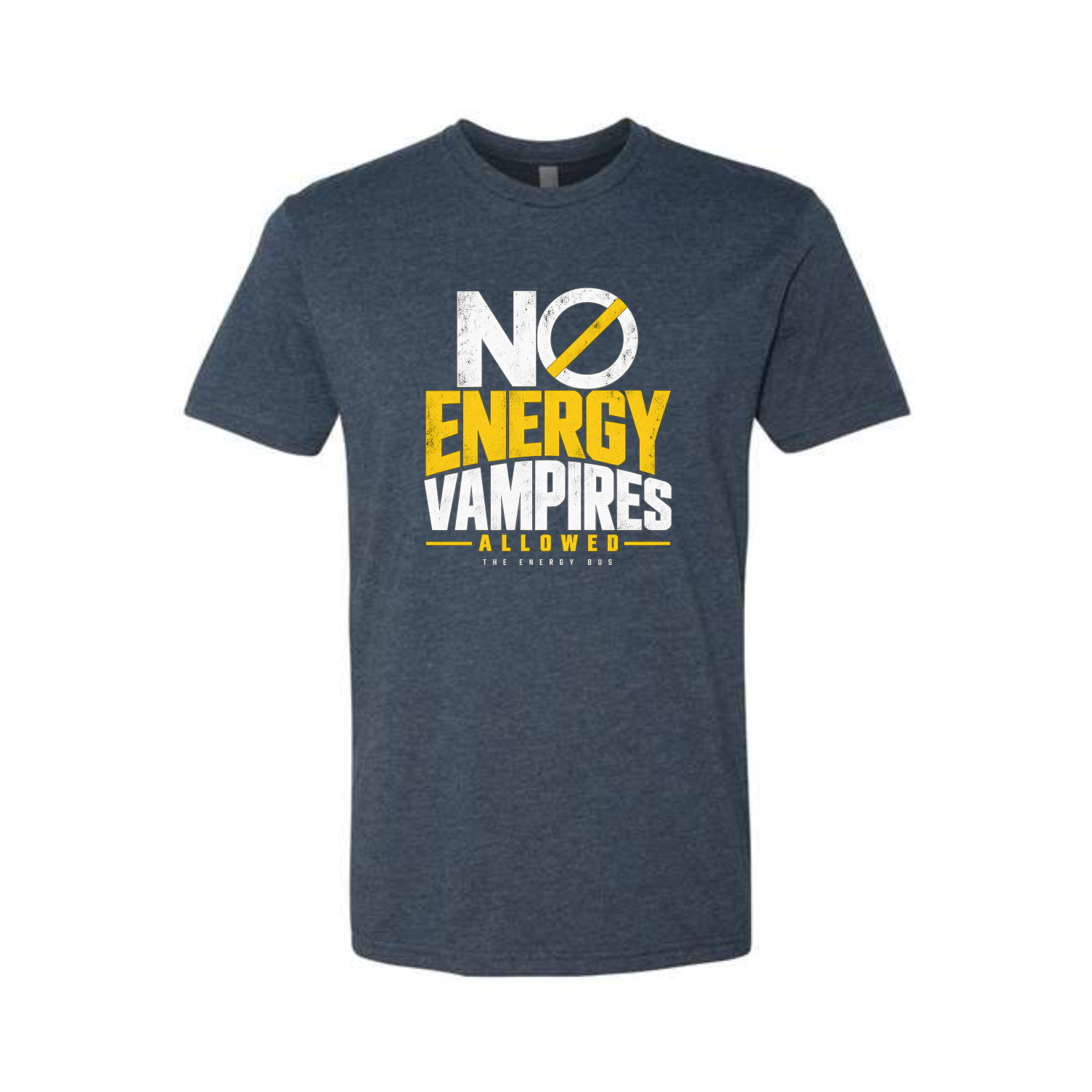 A dark heather gray crewneck t-shirt featuring a graphic print on the front that reads 'NO ENERGY VAMPIRES ALLOWED' in white and yellow text with a yellow slash through the letter O.