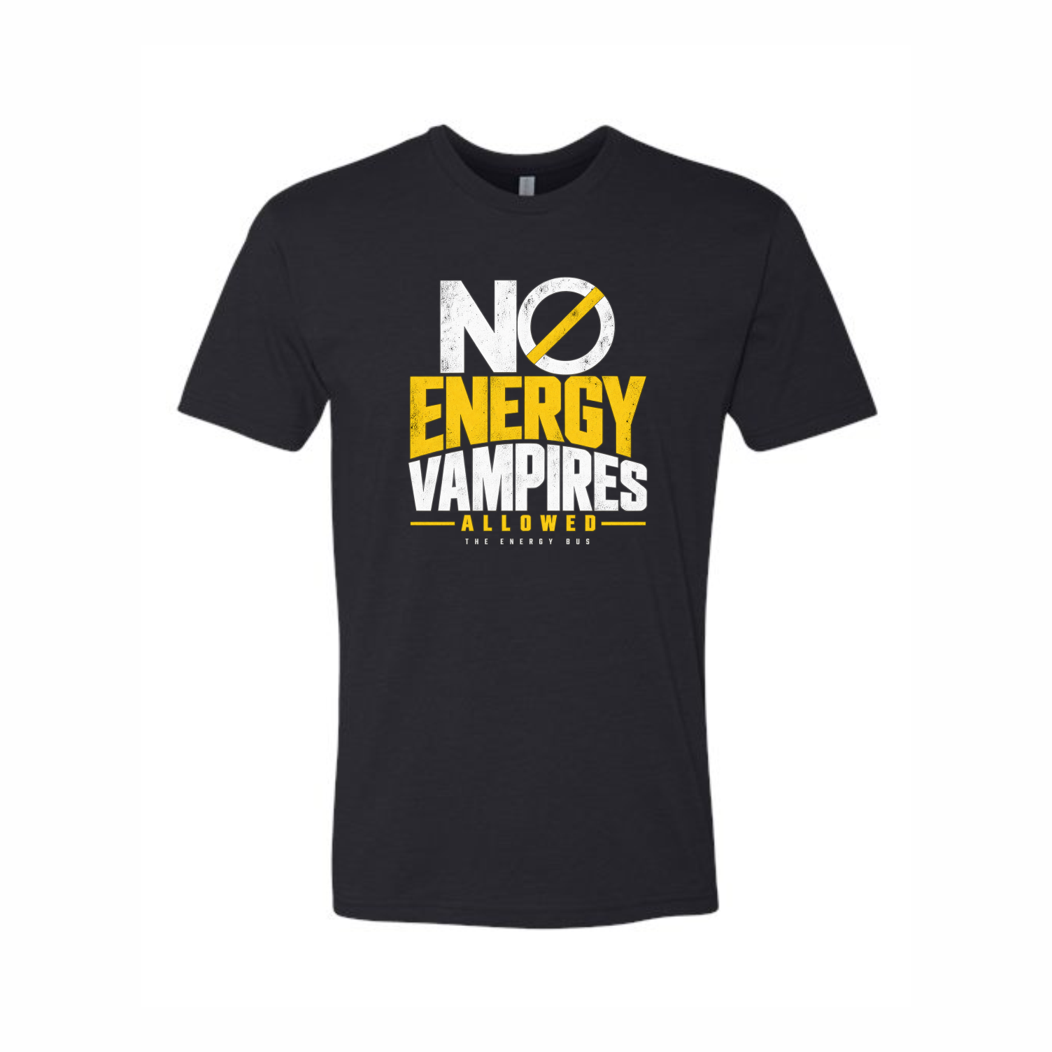 A black short-sleeve t-shirt with a graphic print on the front reading 'NO ENERGY VAMPIRES ALLOWED' in white and yellow text, displayed on a solid white background.